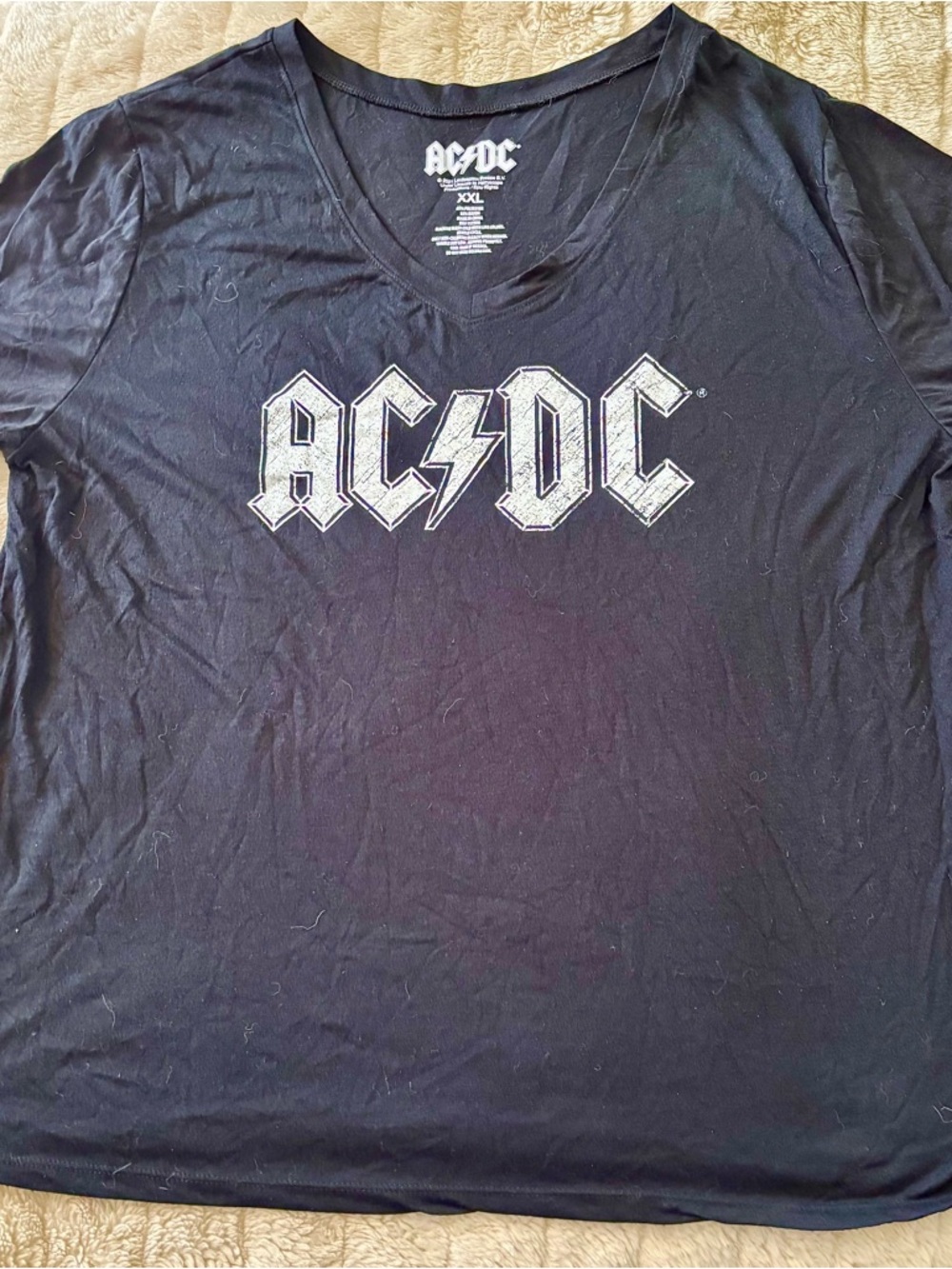 AC/DC Black Short Sleeve V-Neck Tee with White Logo